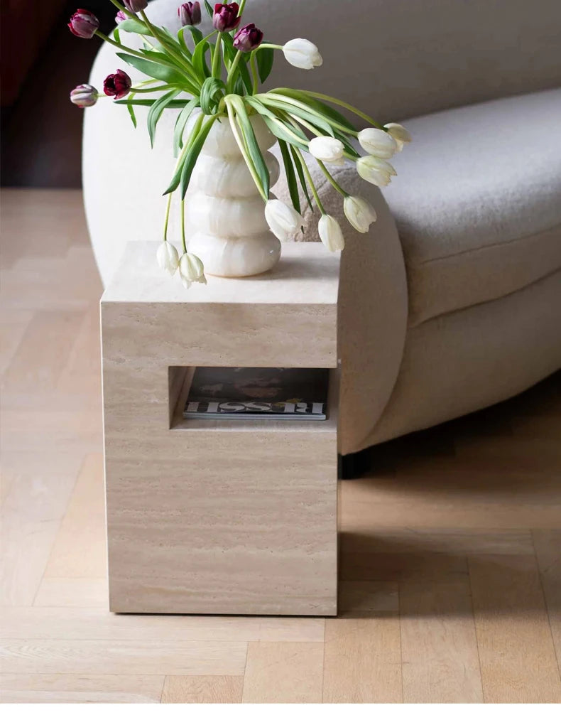 37x37x50CM Rosso Levanto Travertine Vintage Marble Side Table Nighstand Handmade Solid Natural Stone Coffee Table Desk