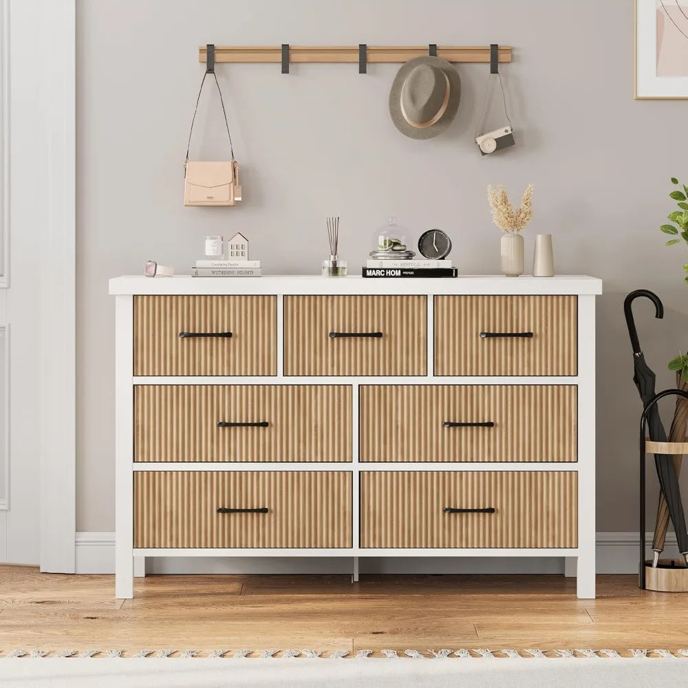 7 Drawer Dresser for Bedroom, Modern Fluted Dresser with Solid Wood Legs, Long Double Wooden Dresser Large Chest
