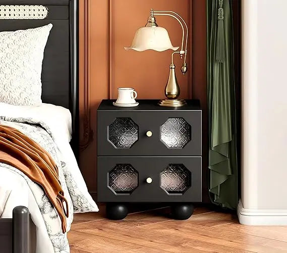 Mid-Century Style Black Wood Nightstand with Two Drawers, Compact Accent Table for Bedroom Use