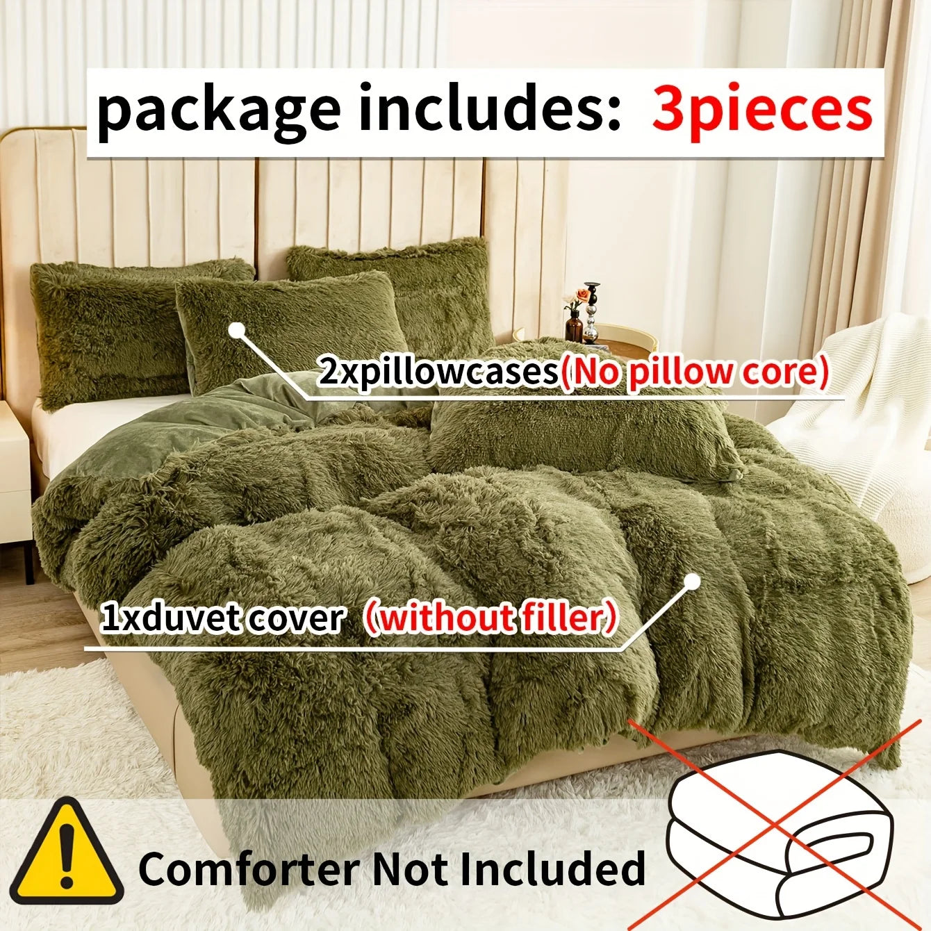 3-Piece Faux Fur Velvet Duvet Cover Set - Soft, Warm, Plush Bedding with Solid Color Design, 1 Duvet Cover and 1/2 Pillowcase, W
