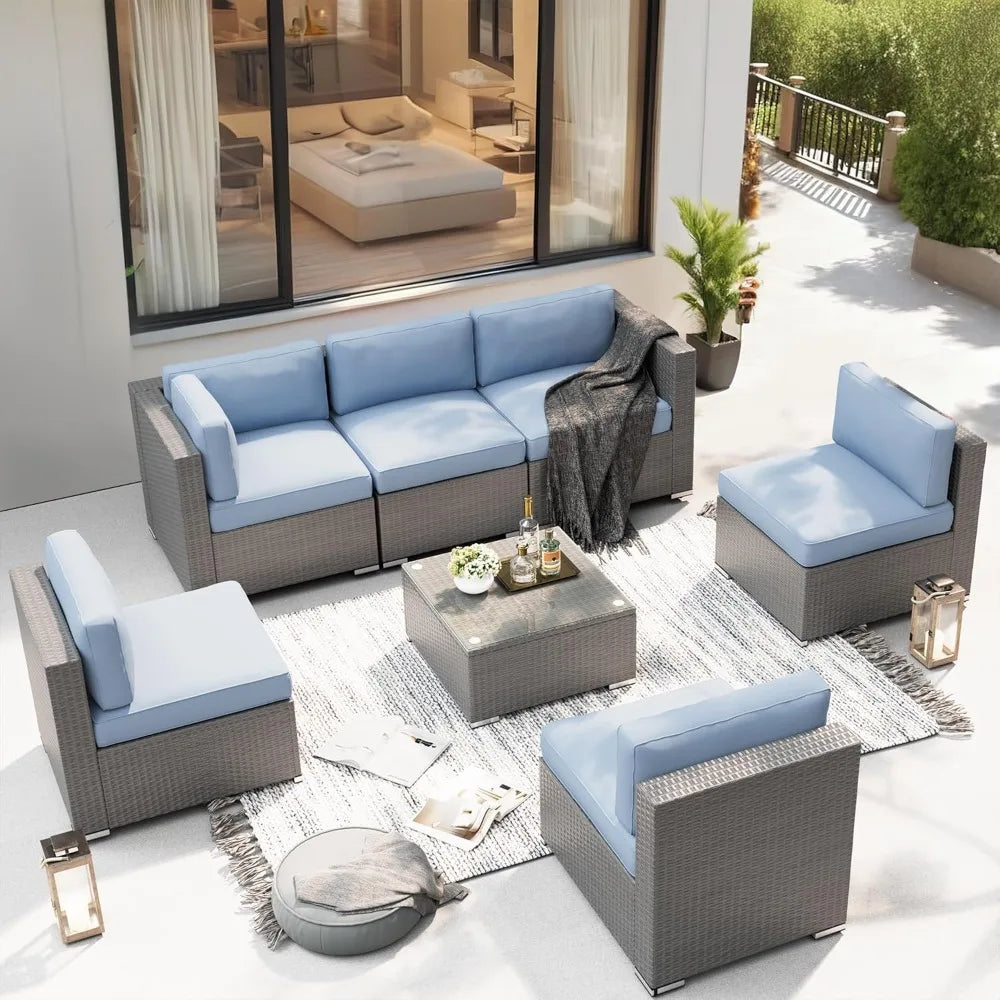 Outdoor Patio Furniture Set 7 Piece Outdoor Sectional Sofa Grey Wicker Conversation Sofa Set with Coffee Table and Cush