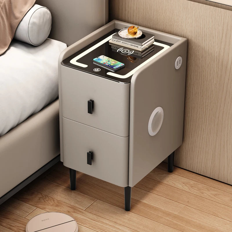 Ultra Narrow Smart Nightstand Luxury Bedside Table Minimalist Solid Wood Storage Cabinet Compact Bedroom Organizer with Charging