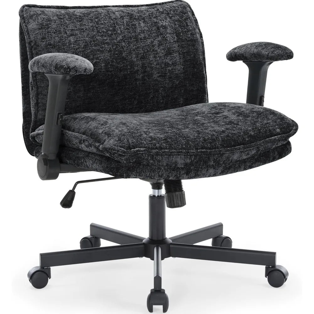 Cross Legged Office Chair with Wheels and Adjustable Flip-Arms, Criss Cross Chair with Thick Cushion, Wide Seat Office Chair