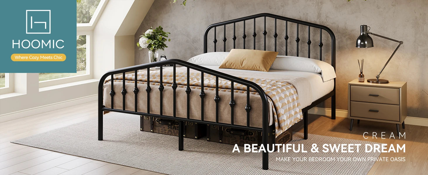14″ Metal Platform Bed Frame – Victorian Wrought Iron Headboard & Footboard