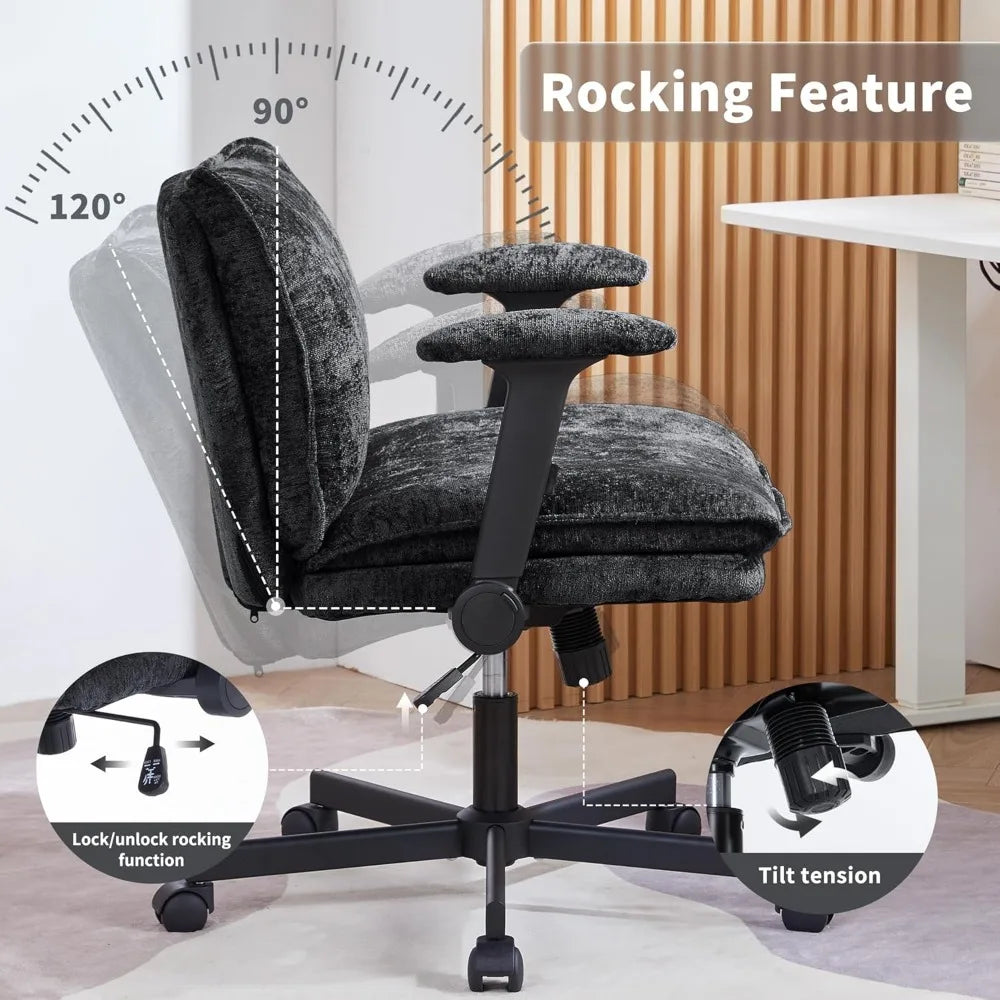 Cross Legged Office Chair with Wheels and Adjustable Flip-Arms, Criss Cross Chair with Thick Cushion, Wide Seat Office Chair