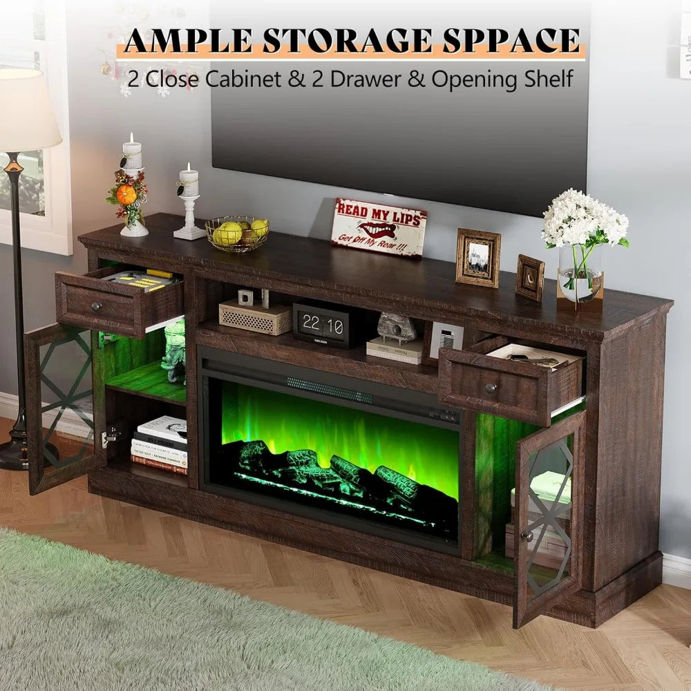 Farmhouse Style 70-Inch Fireplace TV Stand, Accommodates 80-Inch TVs, Large LED Entertainment Center with 37-Inch Firep