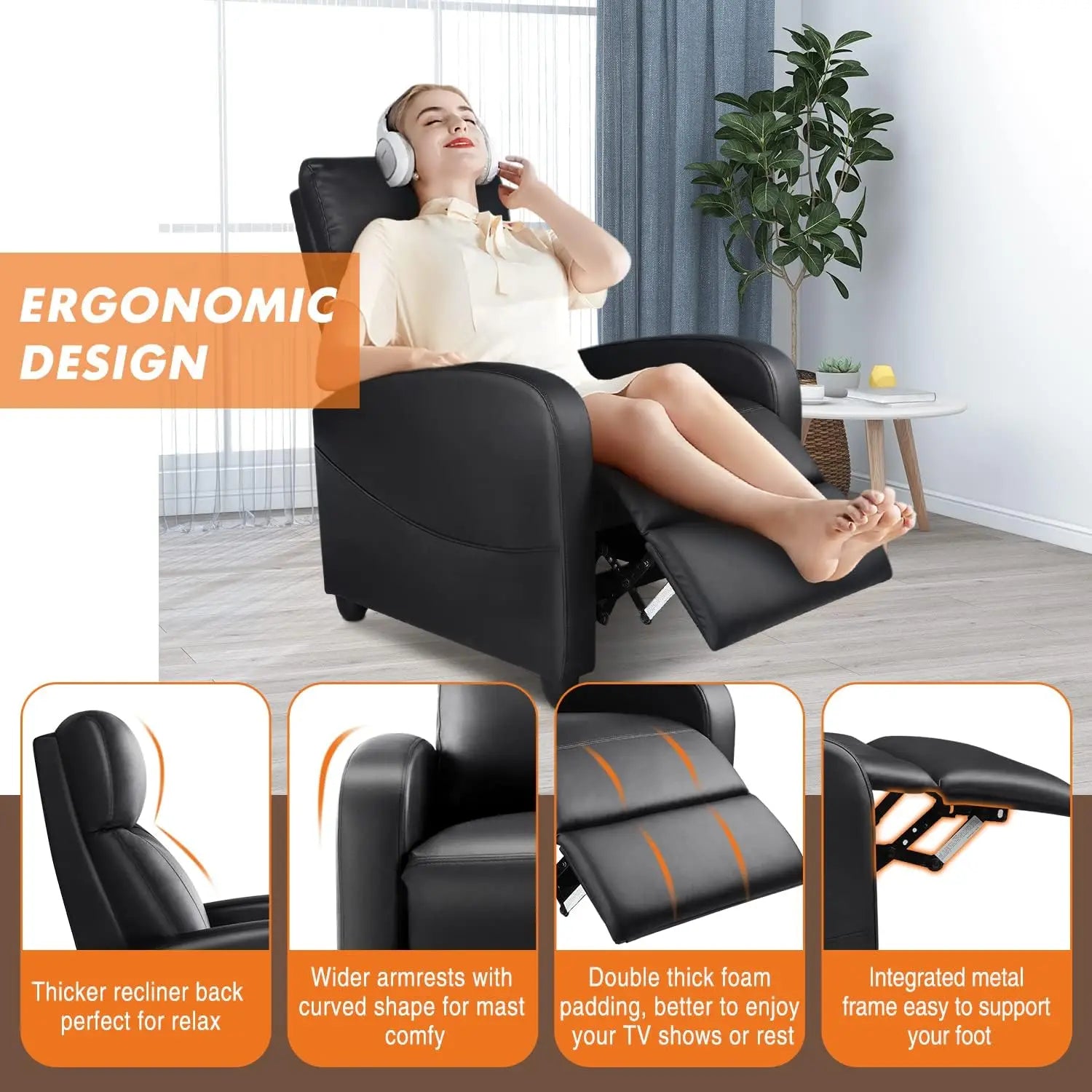 Adjustable Massage Recliner Chair with Lumbar Support, Modern Fabric Black Home Theater Seating