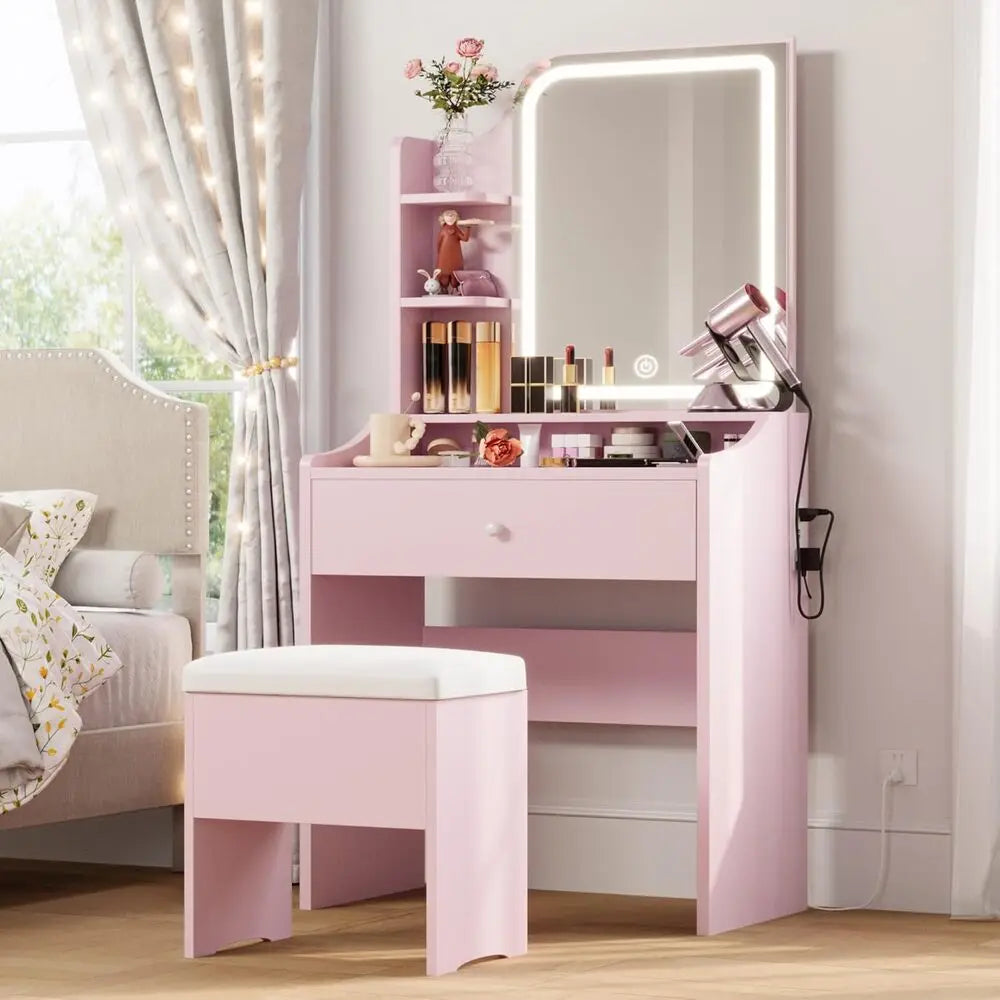 LIKIMIO Small Makeup Vanity Desk with Mirror and Lights, Vanity Table Set with Storage Drawer, Chair and Three Shelves, Bedroom