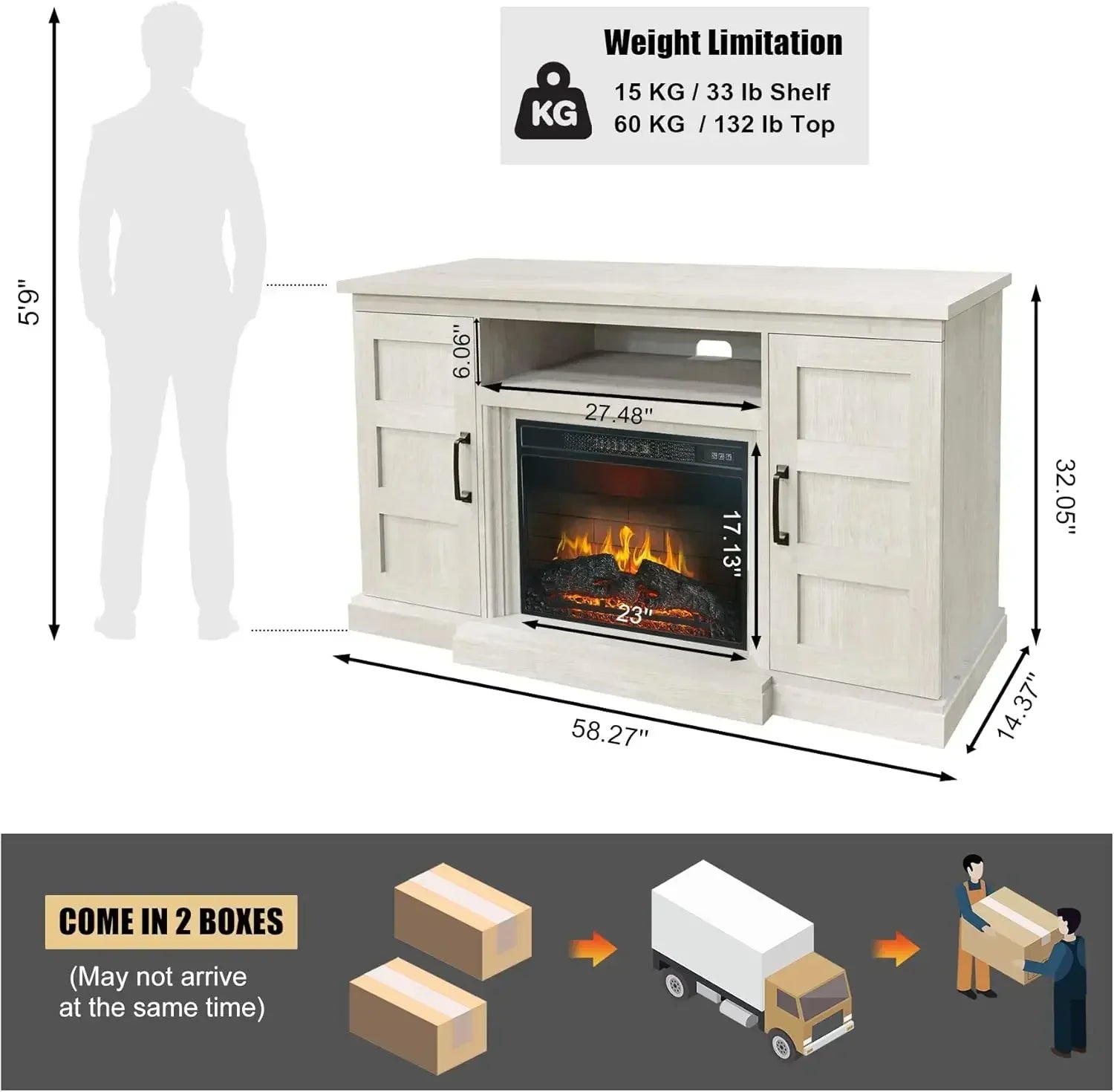 59 Inch TV Stand with 3D Fireplace, Modern Media Entertainment Center, Tv Console Table  Storage Cabinets, Highboy, White