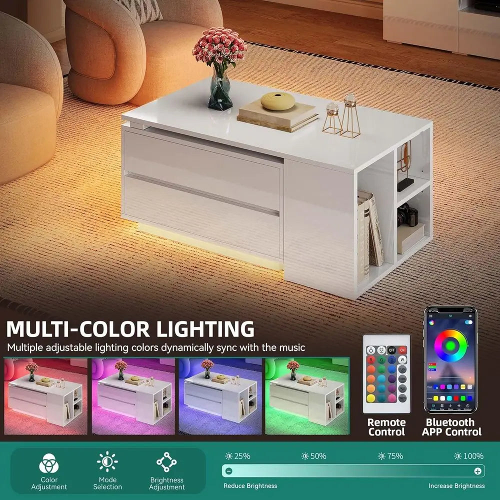 Modern Rectangular LED Coffee Table – White Extendable Center Table with 4 Storage Drawers