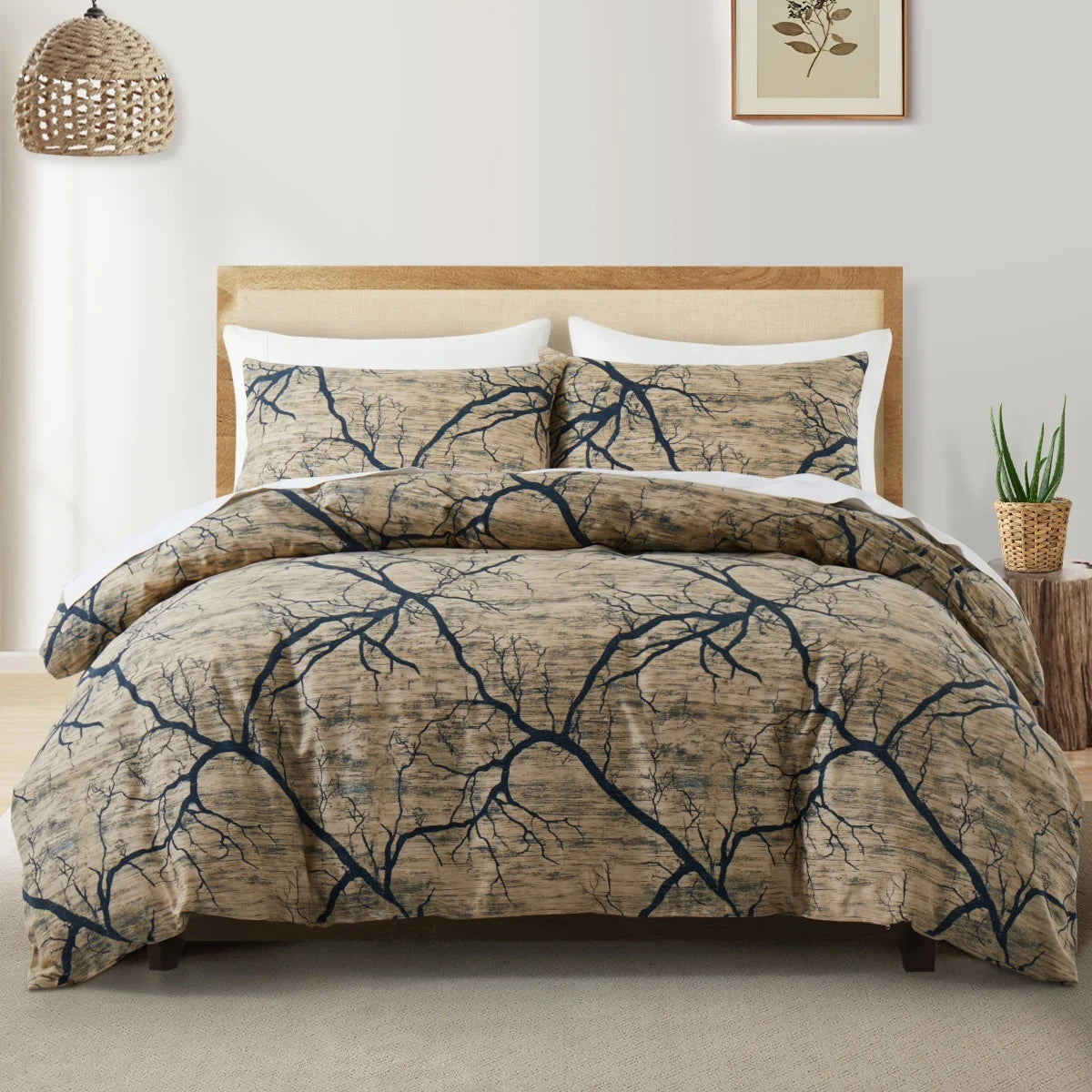 Sage Green Floral Duvet Cover Twin Queen 2/3 Pieces Flower Plum Blossom Bedding Set Reversible Botanical Branch Comforter Cover