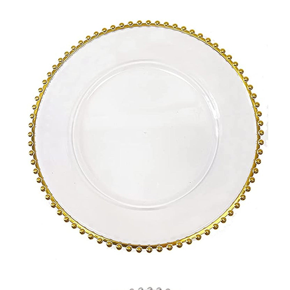 Clear Acrylic Charger Plate with Gold Beaded Rim – Decorative Dinner & Serving Plate