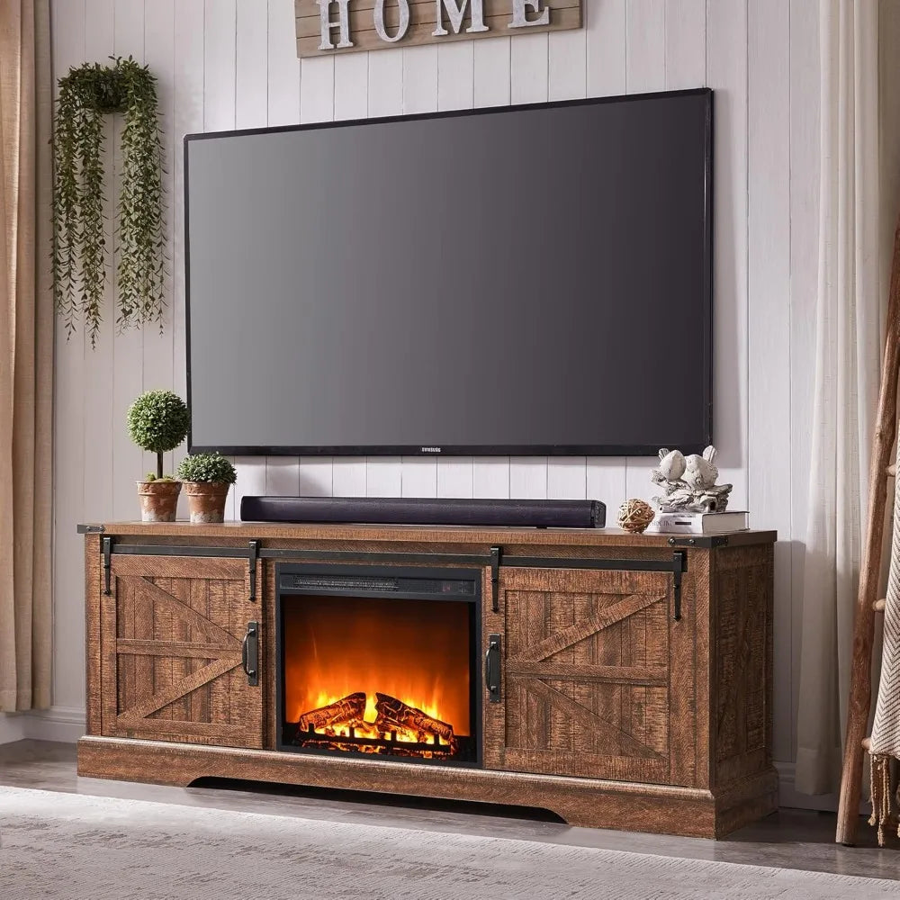 Fireplace TV Stand for 70 75 Inch TV, 66 Inch Farmhouse Entertainment Center with 23" Electric Fireplace, Remote Control, Large