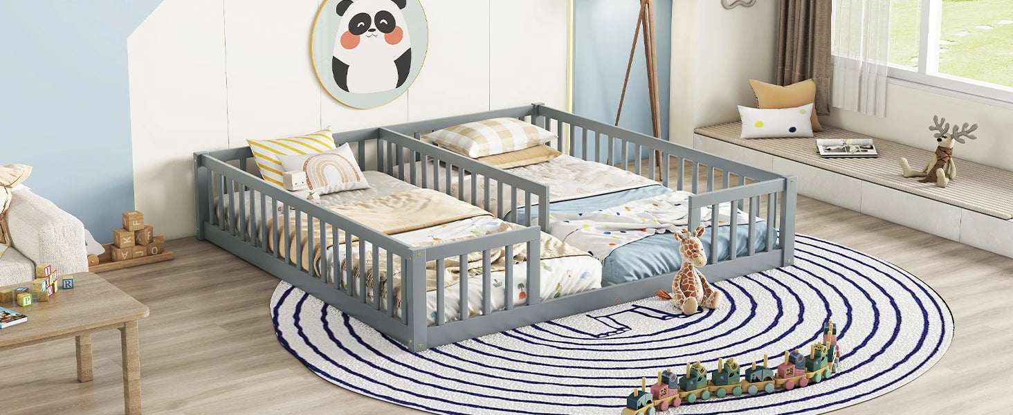 Double Twin Floor Bed with Fence & Guardrails – Doorless Design