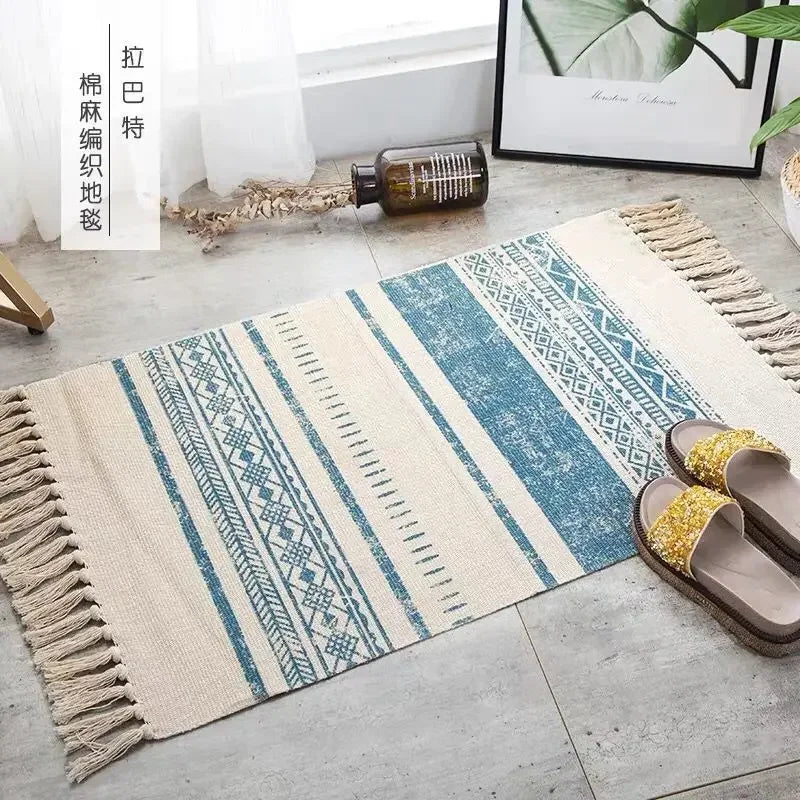 Nordic Cotton And Linen Knit Rug Ethnic Style Carpet Tassel Small Rug Bedroom Kitchen Rugs Mat Boho Washable Home Decoration