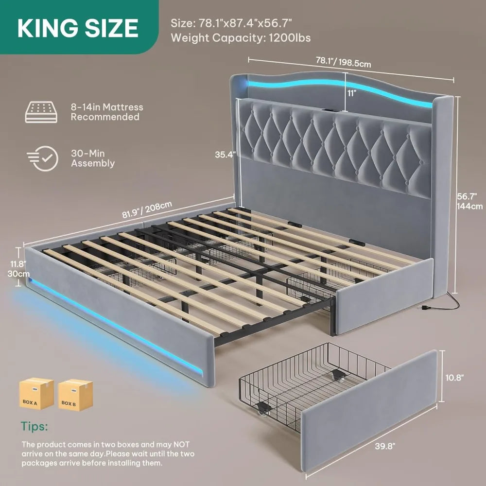 King Size Velvet Upholstered Bed Frame – 4 Storage Drawers with RGB LED Headboard & Charging Station