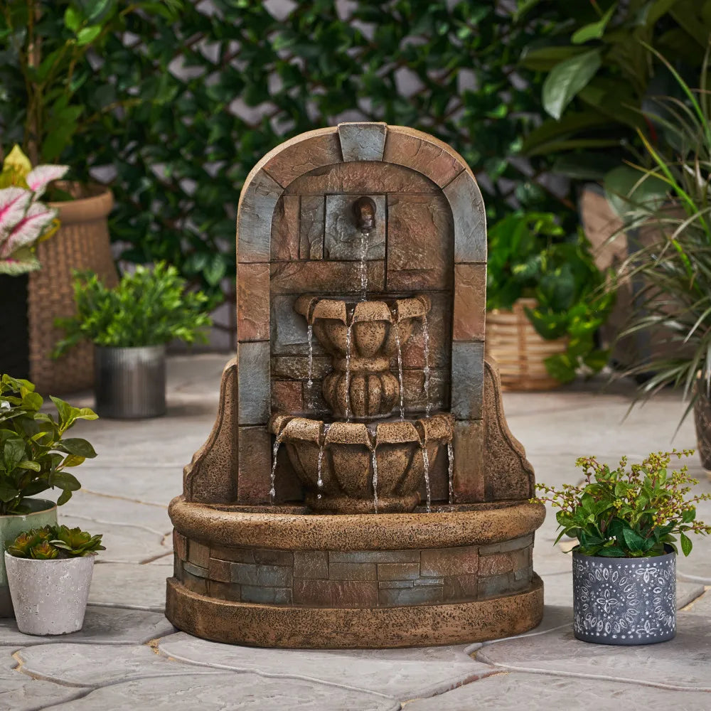 29" Stone Gray Outdoor Water Fountain Weatherproof Standing Waterfall Roman-Style 2-Tier Floor Water Flows for Garden Backyard
