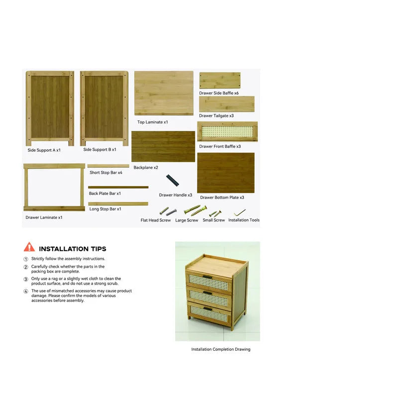 3- Drawer Bamboo Wood Bedside Table Nightstand Storage Cabinet Bedroom Bedside End Table Furniture