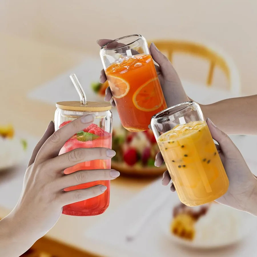 16oz Glass Cups with Bamboo Lids and Glass Straws 20Pcs Drinking Glasses Set for Iced Coffee Juice Tea Soda Smoothie Cocktail E