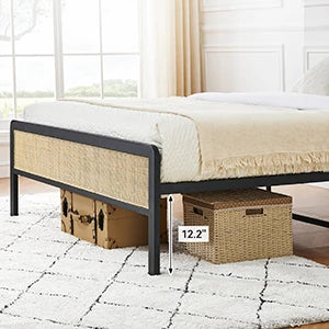 Metal Platform Bed Frame with Rattan Headboard & Footboard – Rounded Corners