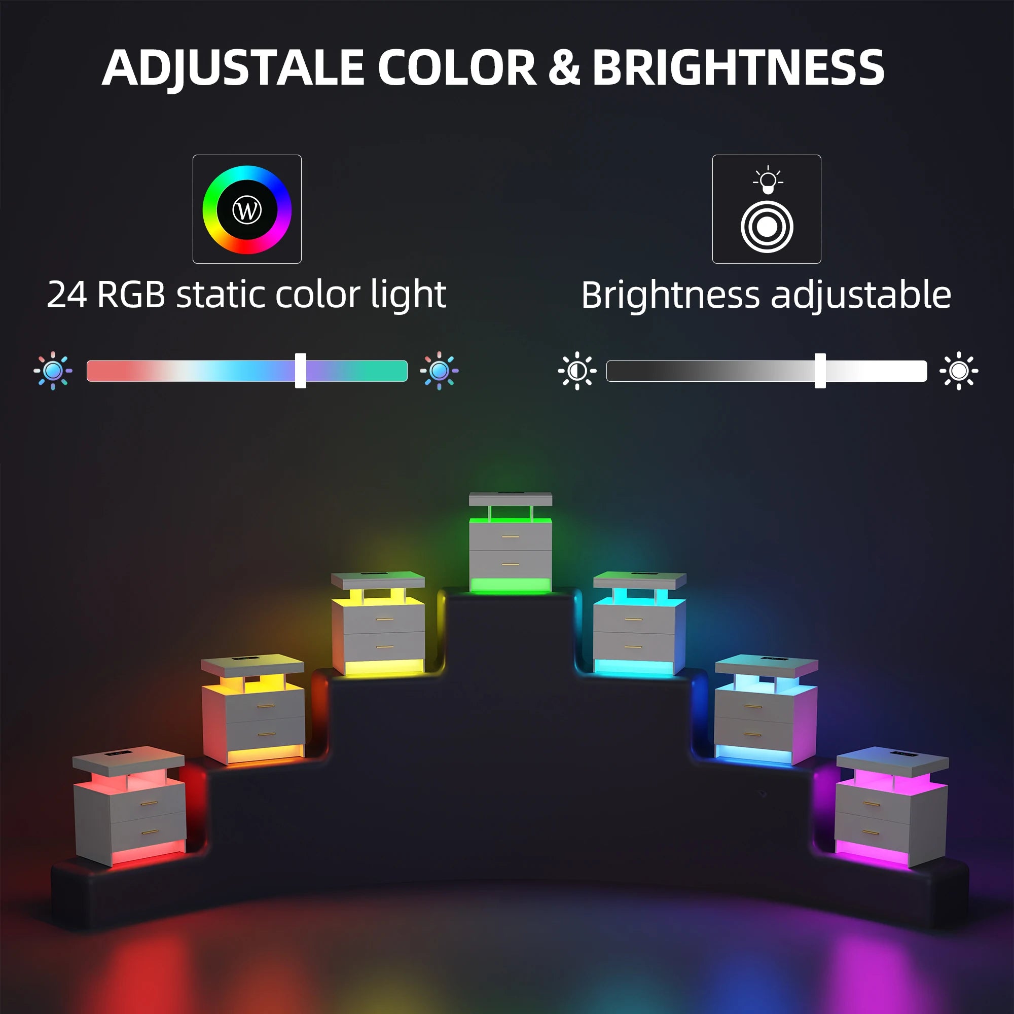 JDPAG LED Nightstand, RGB Black Night Stand with USB/Wireless Charging Station, Modern Bedside Table has Auto Sensor RGB Lights