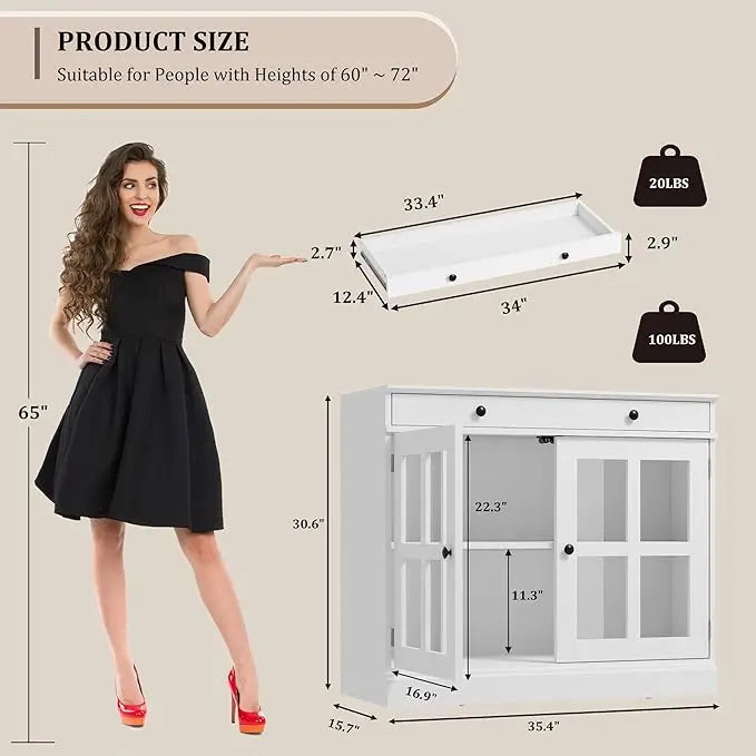35.4" Oak Sideboard Buffet Cabinet with Glass Door & Drawer & Adjustable Shelf,Modern Storage Buffets & Sideboards for Kitchen