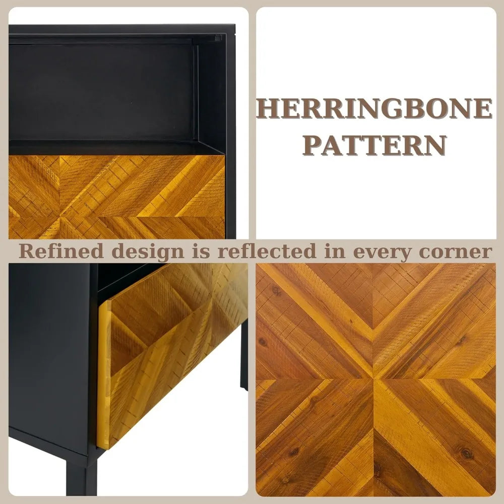 Rustic Herringbone Solid Wood Nightstand, Bedside Table for Easy Assembly in Traditional Bedroom Decor