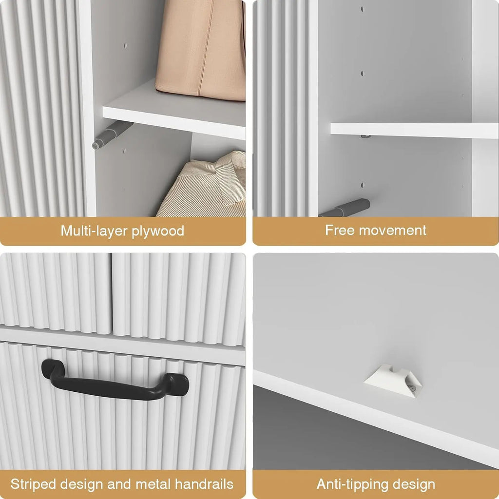 3 Door Fluted Black Armoire Wardrobe with Mirror – Freestanding Bedroom Storage Cabinet