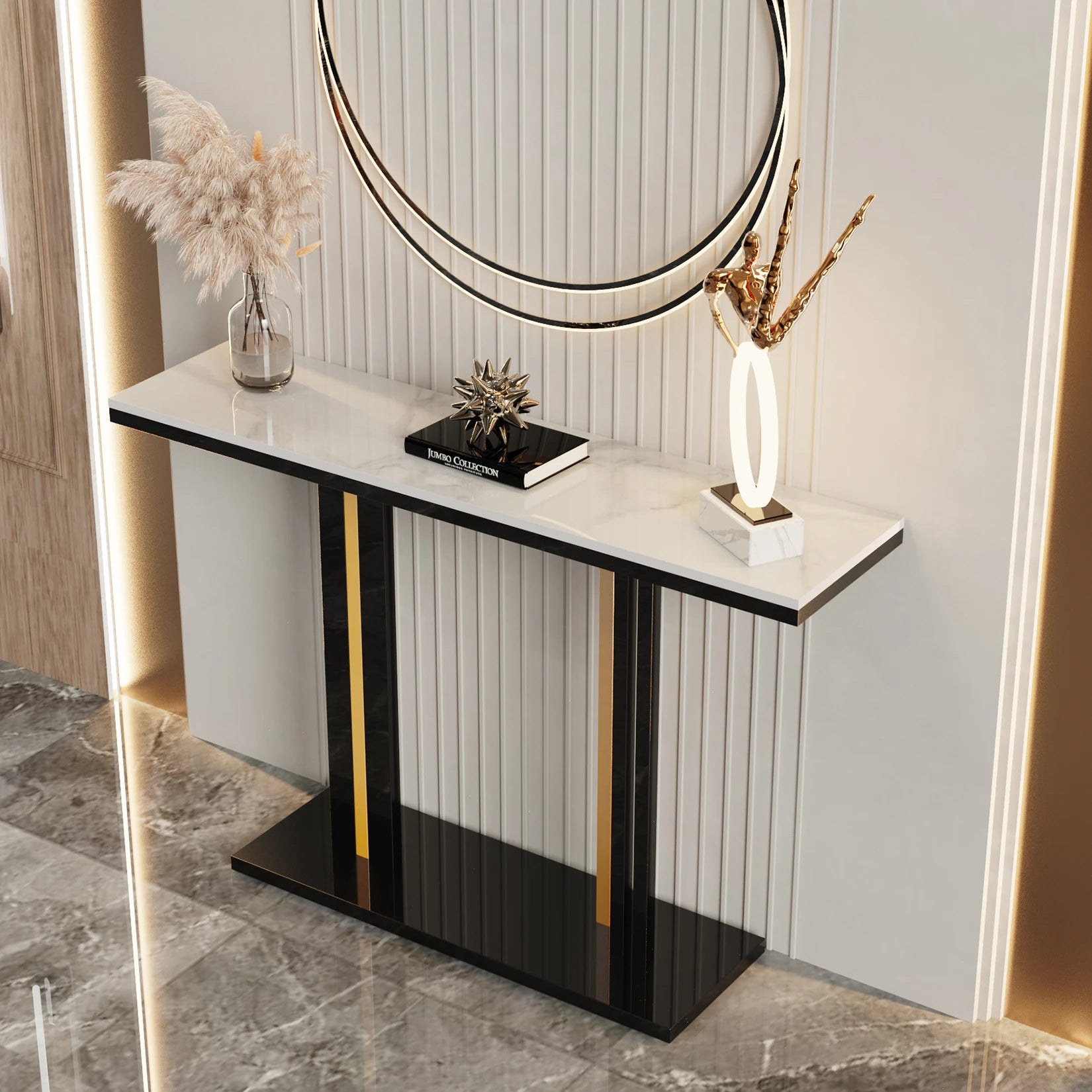 Delicate Texture Marble Console Table Living Room Bedroom Narrow Long Sofa Table Hall Display Stand Black Gold