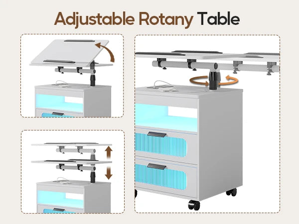 Nightstand with Wireless Charging Station, LED Nightstand Has Adjustable Rotary Workstation,Smart Night Stand
