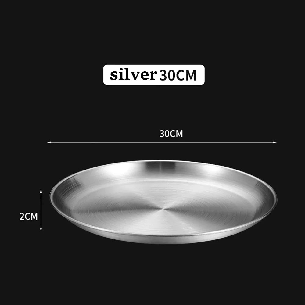 Gold Stainless Steel Round Plate – Rust-Proof Shallow Tray for Dining & Outdoor Use
