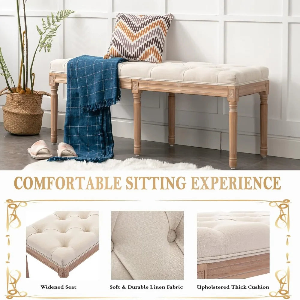 Vintage French Tufted Upholstered Bench – 47″ Linen Cushion