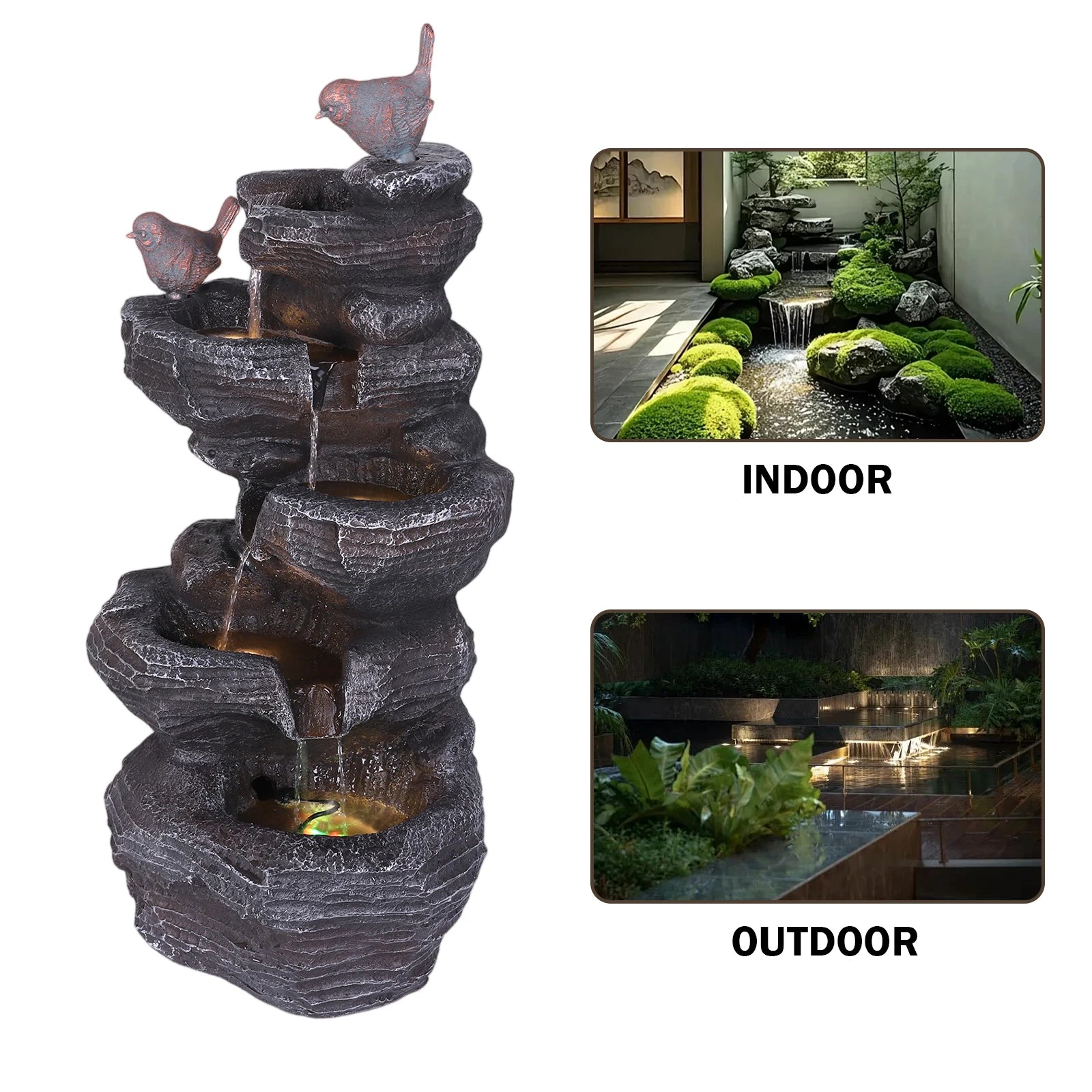 Cascading Rock Water Fountain with LED Lights Resin Stone Imitation Waterfall Tabletop Water Fountain for Home and Office Decor