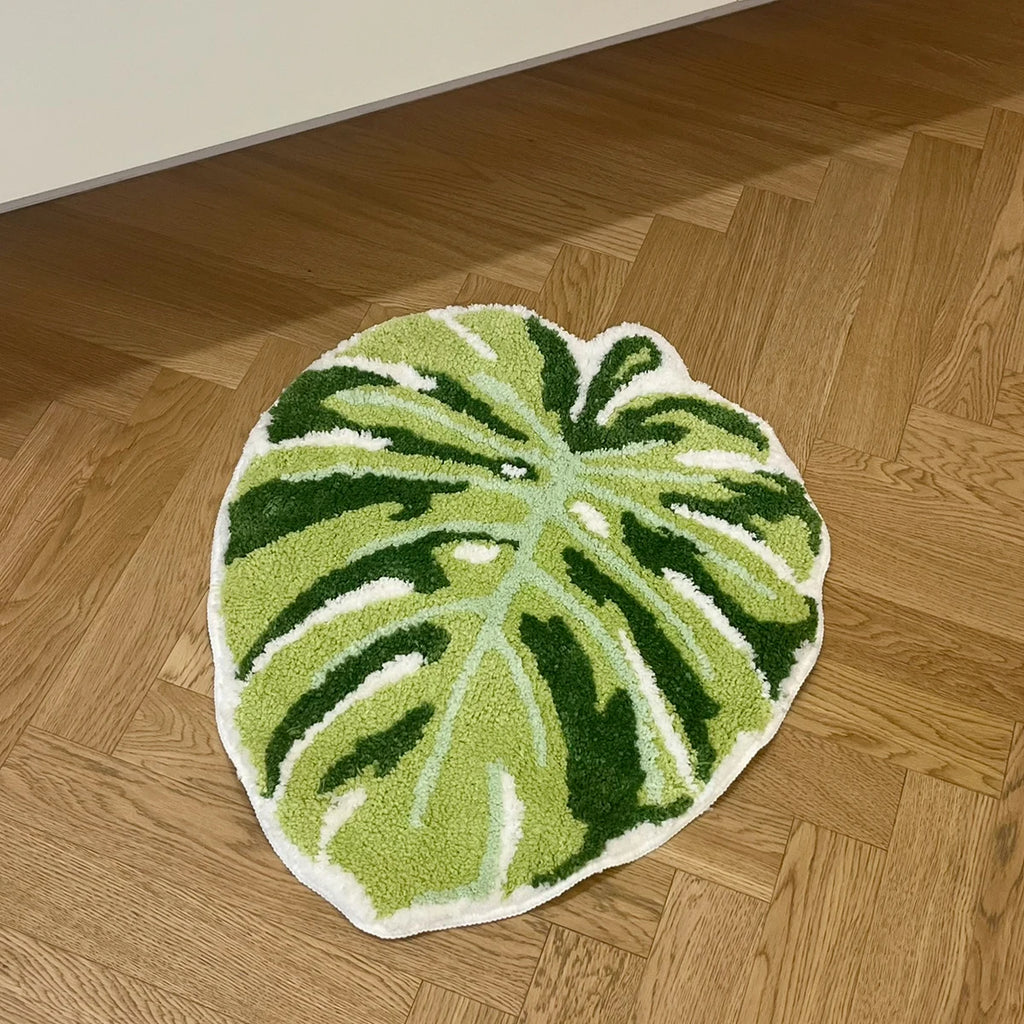 Green Leaf Monstera Tufted Rug – Palm Shaped Anti Slip Bathroom and Entryway Floor Mat