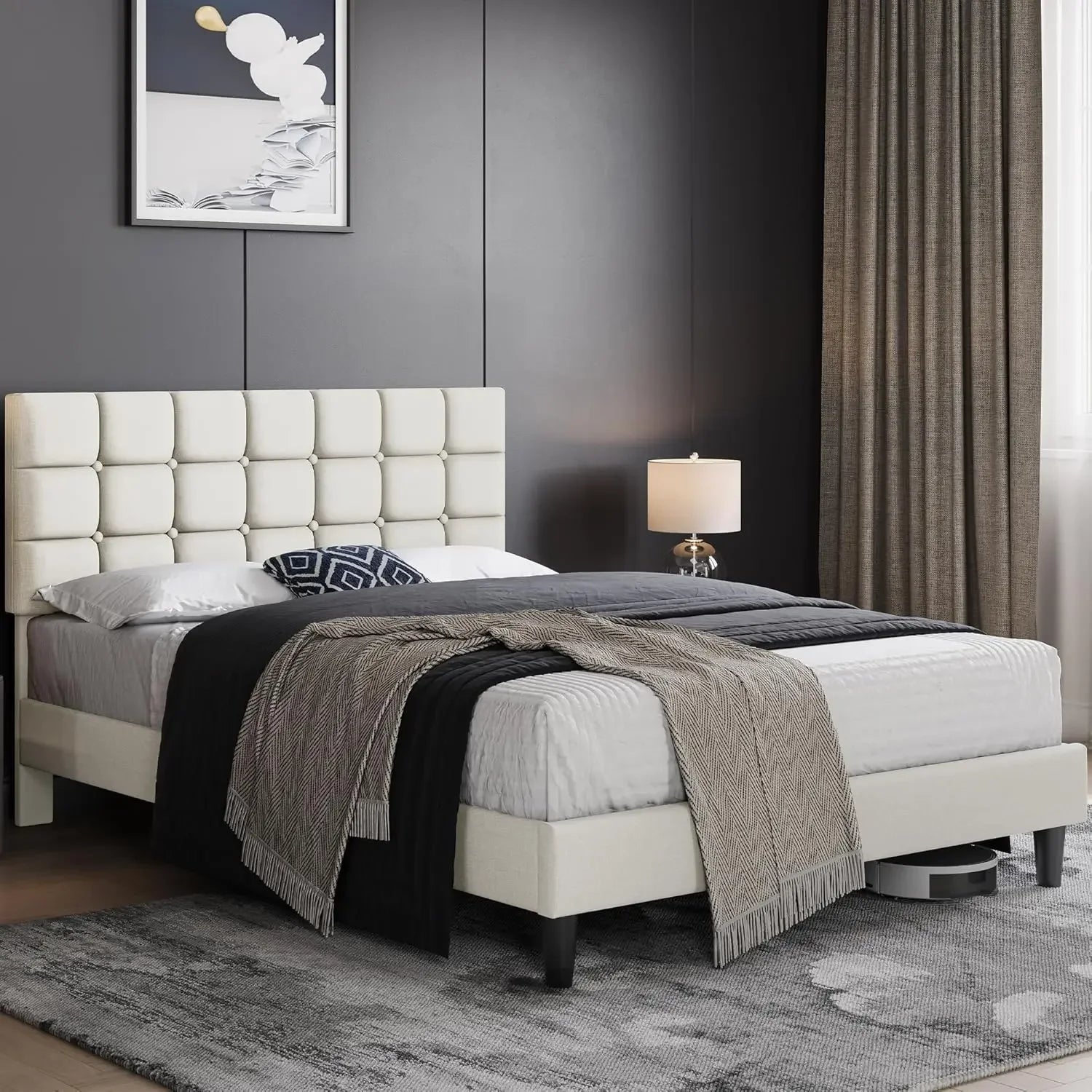 Modern Full Size Upholstered Platform Bed Frame – Square-Stitched Button Tufted Headboard