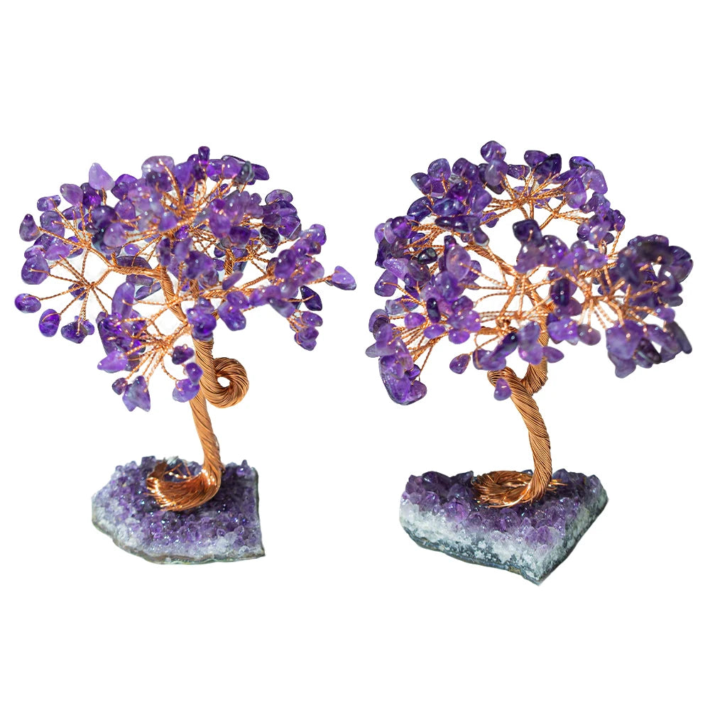 Amethyst Healing Crystals Tree Wrapped with Wire on Natural Crystal Gravel with Base Stone Decoration for Home Desk Living Room