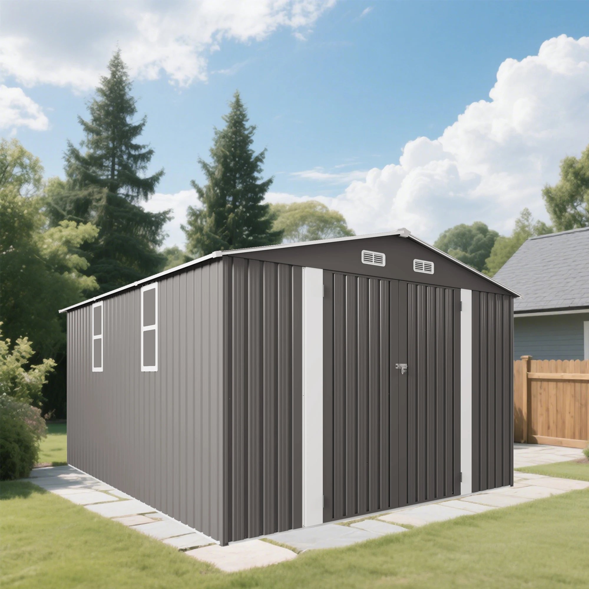 SUSUA10x12FT Outdoor Storage Shed  Metal Garden Shed with Double Door Two Window Waterproof Tool Shed for Backyard Patio Lawn