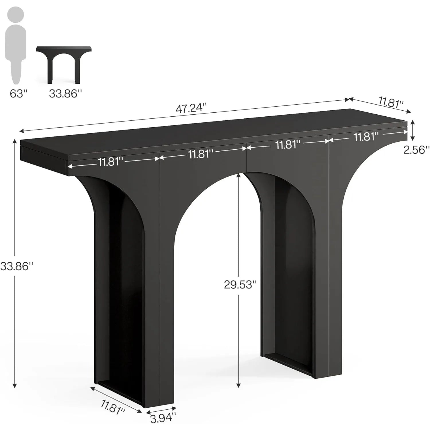 47-Inch Modern Black Console Table for Entryway, Narrow Sofa Table with Arched Design, Foyer Accent Table for Hallway