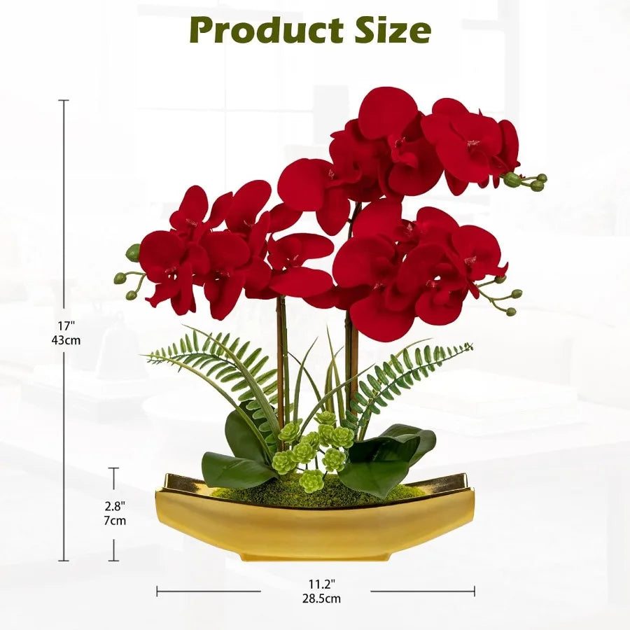 17 Silk Red Orchid Floral Arrangement with Gold Pot Real Touch Faux Orchid Plant for Home Office Room Kitchen Table Centerpiece