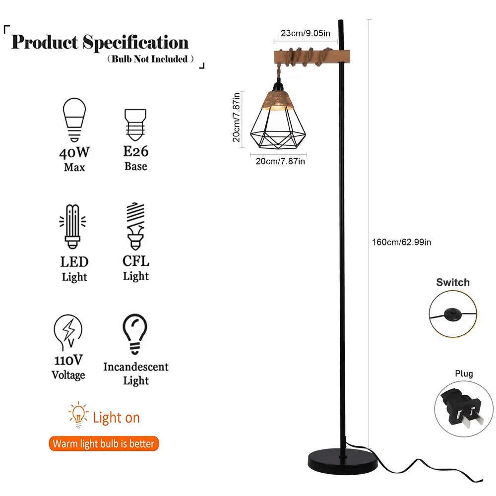 Bymaocar 110V Retro Smart Floor Lamp Durable Tall Standing Lamp Adjustable Height with Rattan Lampshade & Extended Power Cord