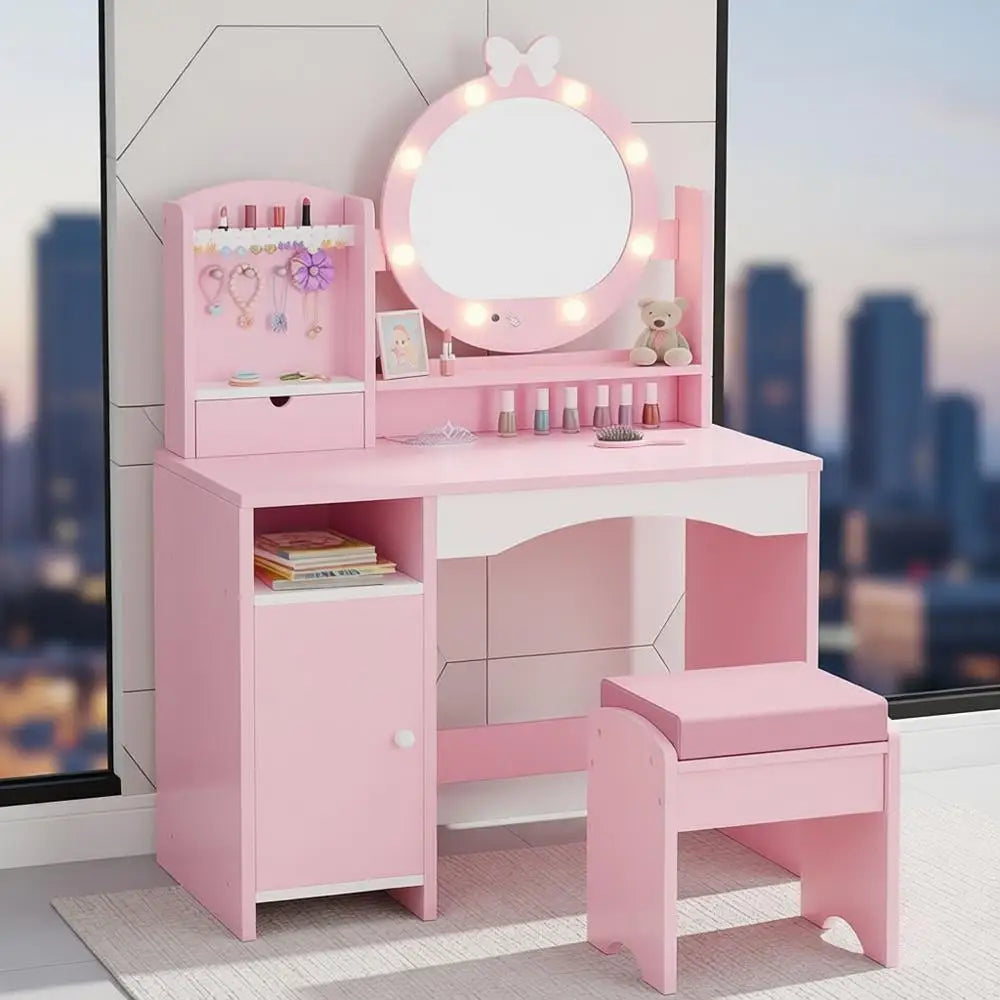 Princess Vanity Set for Kids with Mirror, Lights, Storage, and Cushioned Seat in Pink