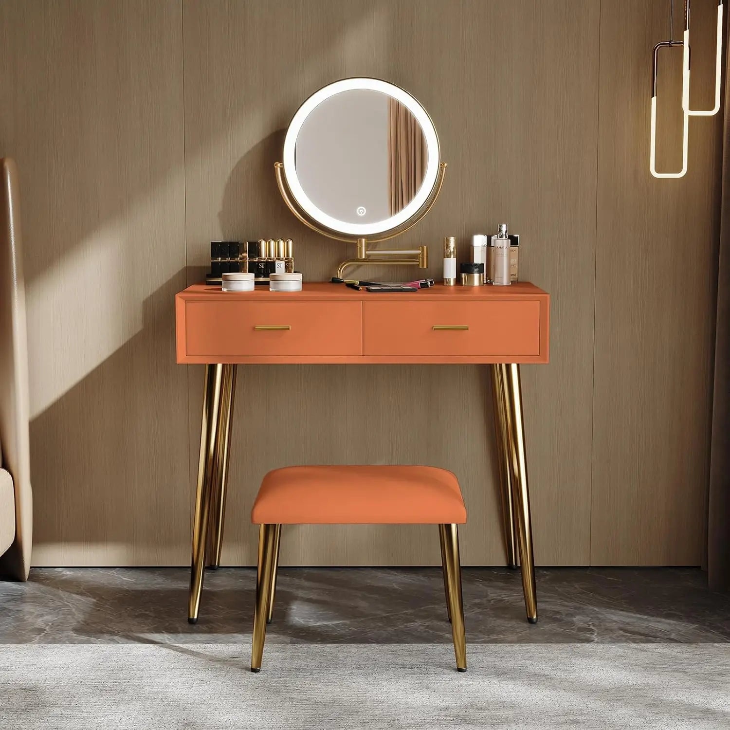 Makeup Vanity Desk with Mirror and Lights, Small Vanity Table with 2 Drawers, Stool,Vanity Set for Bedroom with Microfiber