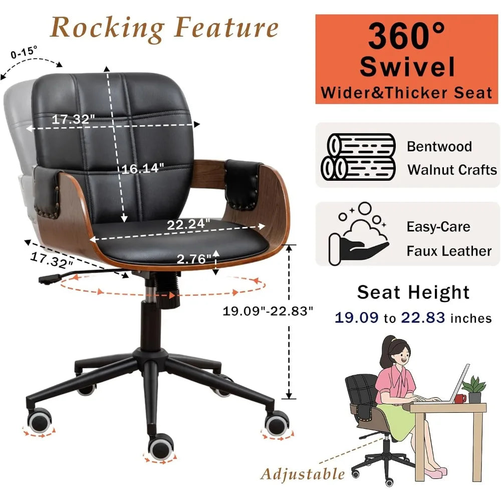 Ergonomic Walnut Desk Chair with Adjustable Height and Caster Wheels, Featuring Curved Back and Arms, Faux Leather Upholstery