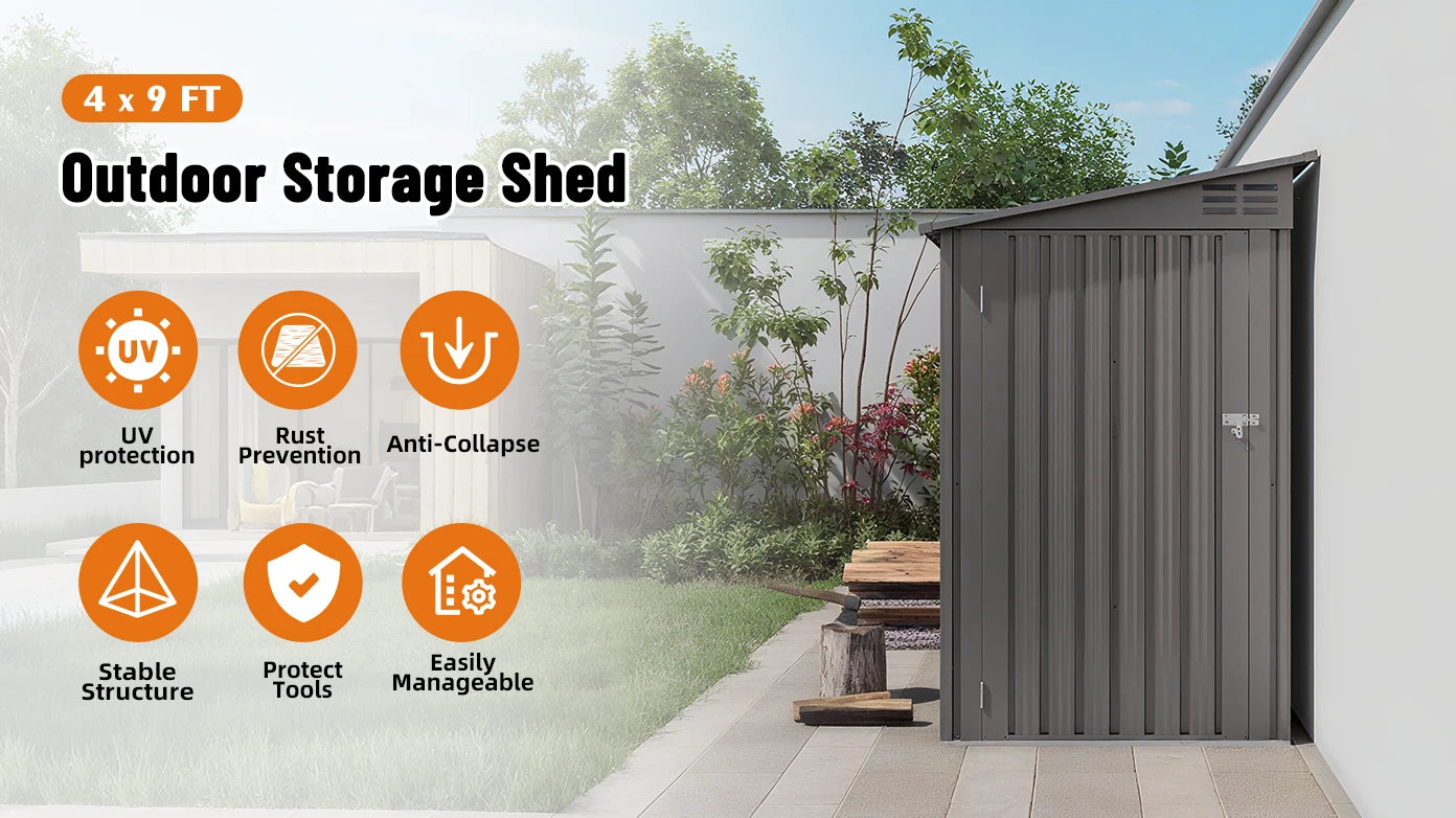 SUSUA 4 x 9 FT Outdoor Storage Shed, Metal Garden Shed Tool House with Sloping Roof,2 vents and 1 Side Open Door for Backyard