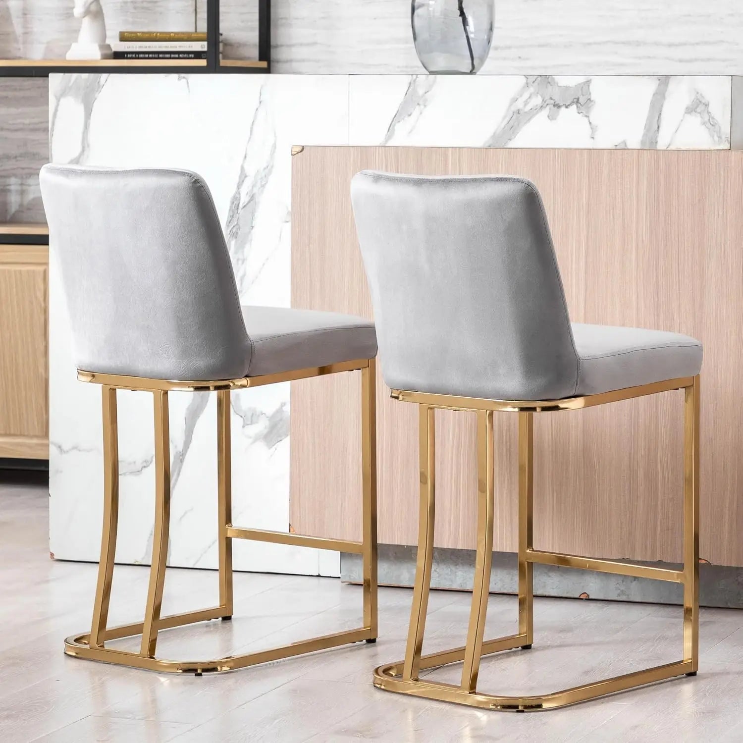 Modern Gold Counter Stools – Velvet Upholstered Barstools with Gold Legs (Gray)