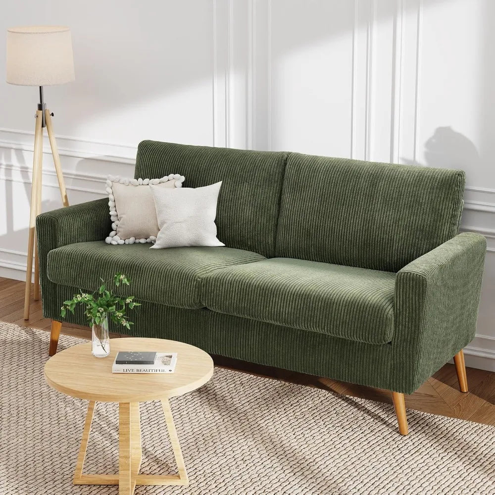68" Loveseat Sofa Green Corduroy Couch, Mid Century Modern Love Seat Couches for Living Room, Small Loveseat for Bedroom Office