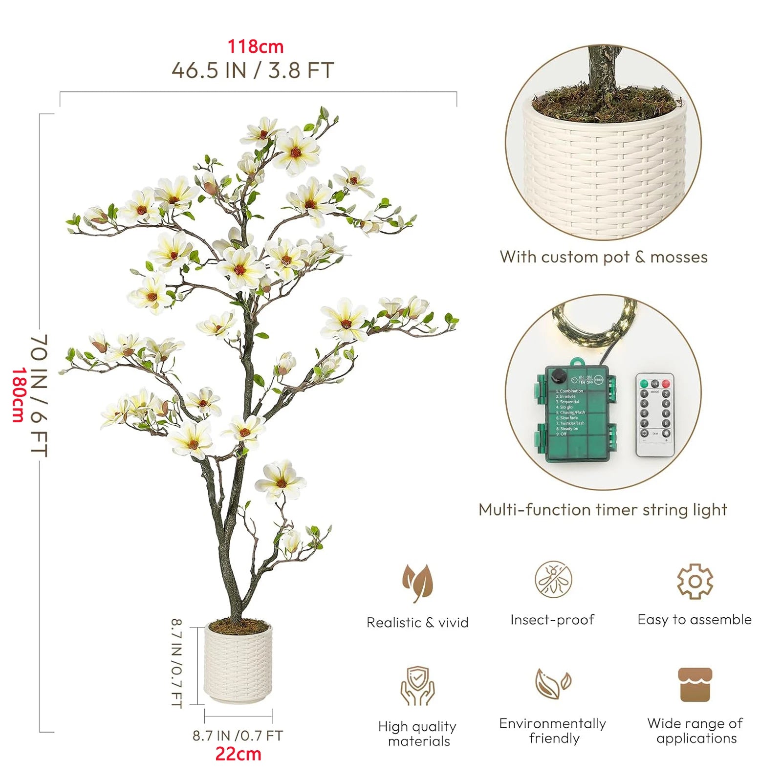 Artificial Magnolia Plant Faux Flower Trees Fake Plants with LED Light for Yard Patio Home Office Arrangement Decor