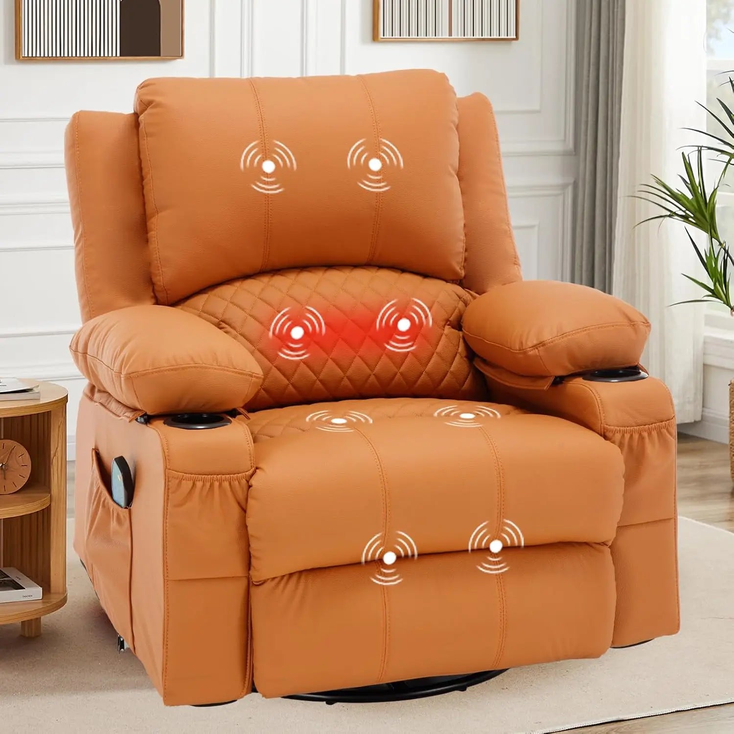 Leather Massage Recliner Chair with Heat Cup Holders for Adults, Thickly Padded Overstuffed Rocking Glider Chair, Swivel Rocker