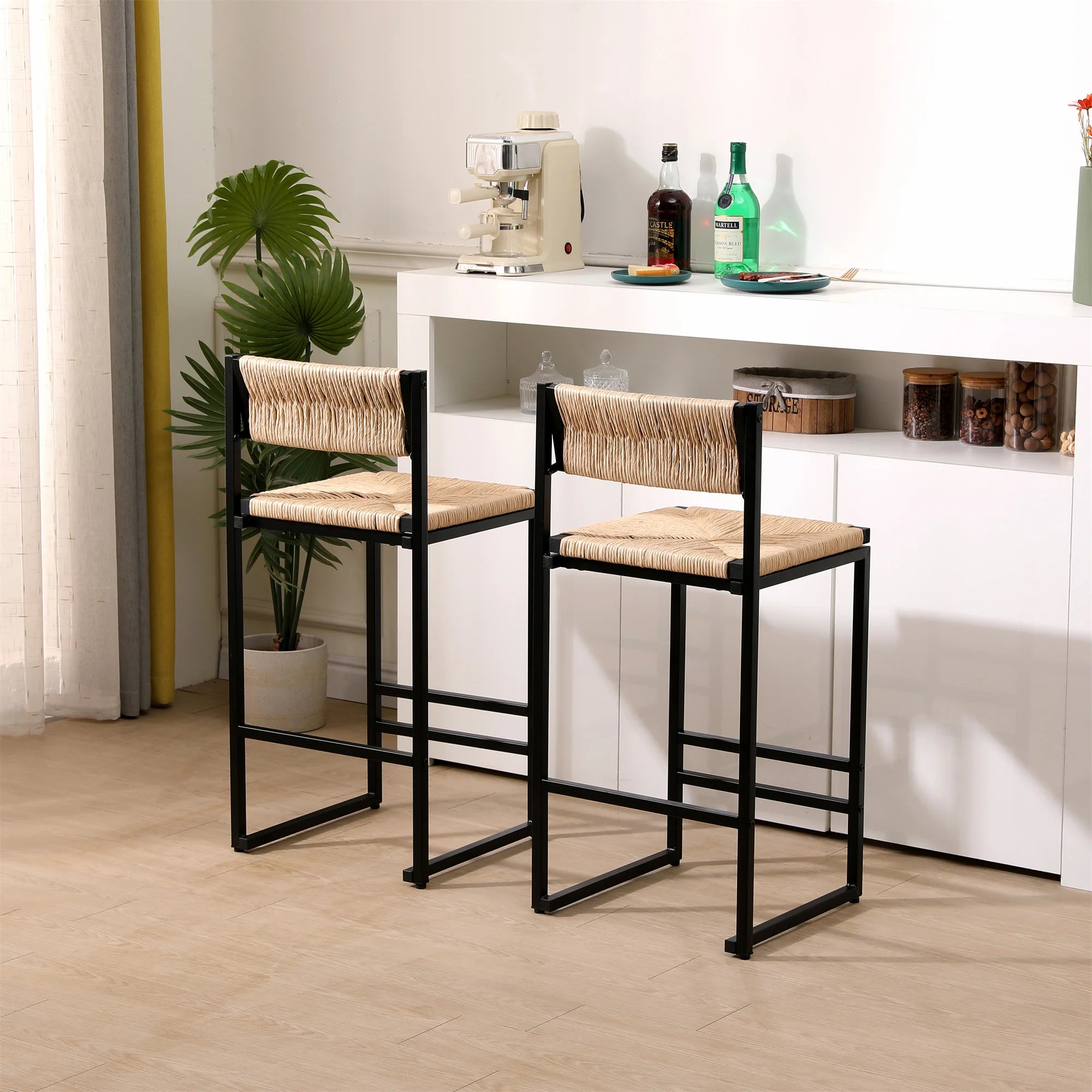 2pcs High Bar Stools Chairs Paper Rope Woven Barstools 220lbs Max Weighing Capacity for Kitchen Dining Room Coffee Shop