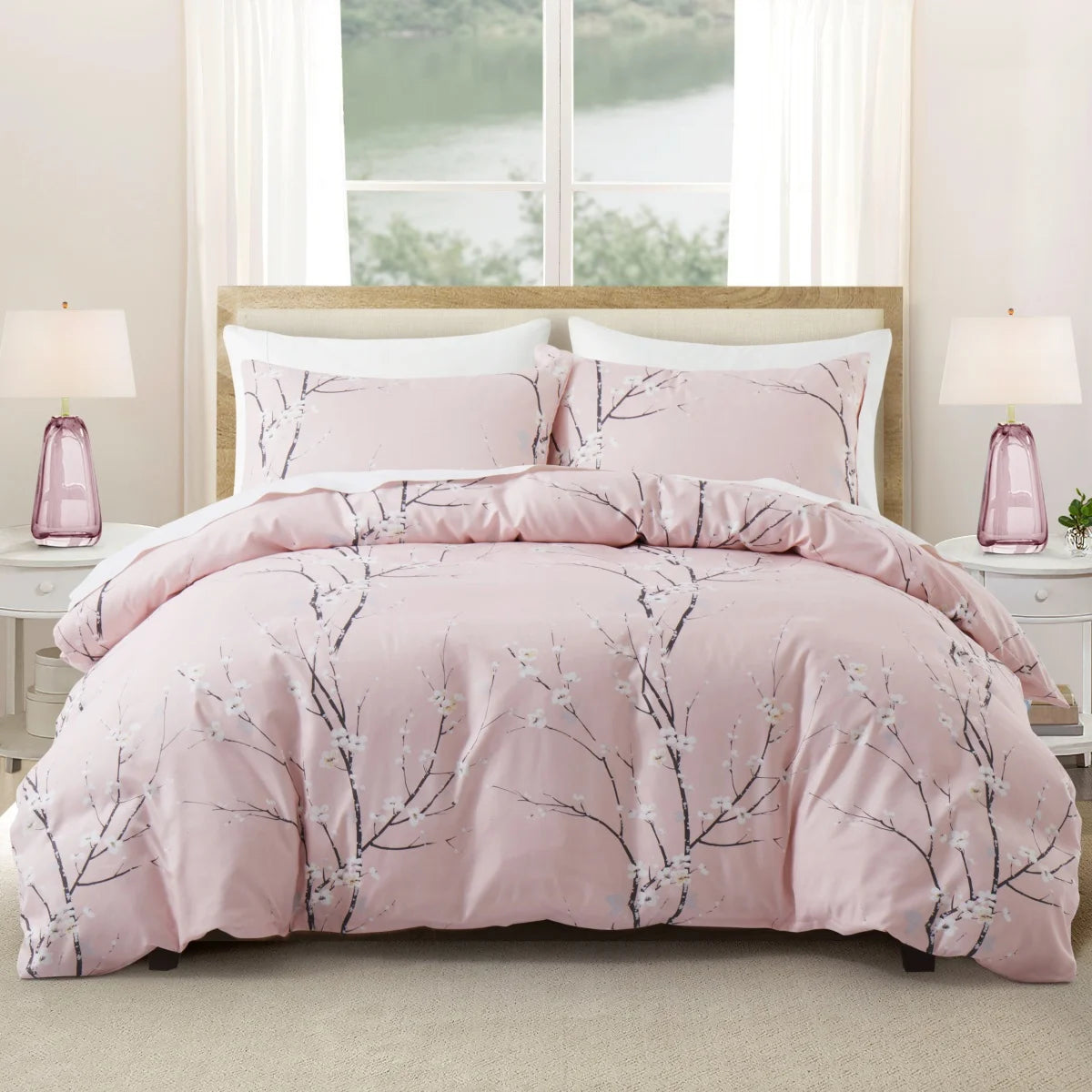 Sage Green Floral Duvet Cover Twin Queen 2/3 Pieces Flower Plum Blossom Bedding Set Reversible Botanical Branch Comforter Cover